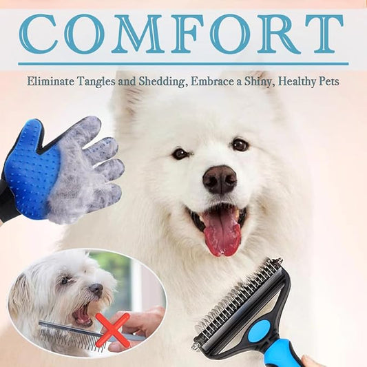 Dog Deshedding Brush 2-in-1 with Grooming Glove - Undercoat Rake & Shedding Tool for Long/Short Hair Dogs, Flea Comb & Hair Removal Brush for Gentle Massage