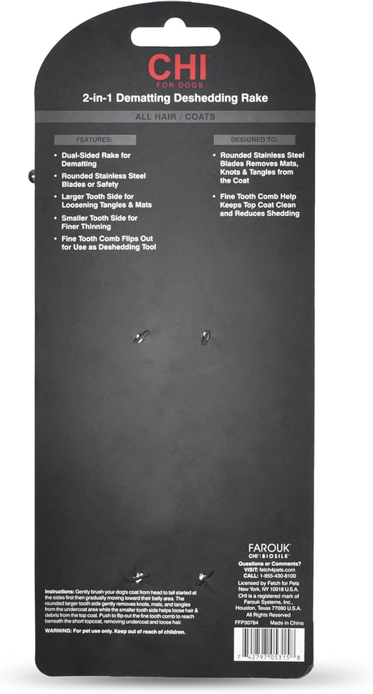 CHI for Dogs 2-in-1 Dematting Deshedding Rake, Flip-Out Fine Rake for Deshedding and Smoothing, Large Rake for Dematting Dogs; Dog Grooming Tool for Mats and Knots