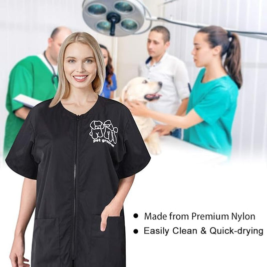 Noverlife Short Sleeves Pet Grooming Work Clothes with Full Zipper, M Size, Splash Proof Anti-Static Pet Beautician Smock, Dog Cat Groomer Cosmetologist Uniforms