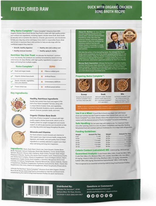 ULTIMATE PET NUTRITION Nutra Complete Bone Broth Infusions, 100% Freeze Dried Veterinarian Formulated Raw Dog Food with Antioxidants Prebiotics and Amino Acids (1 Pound, Bone Broth Duck)