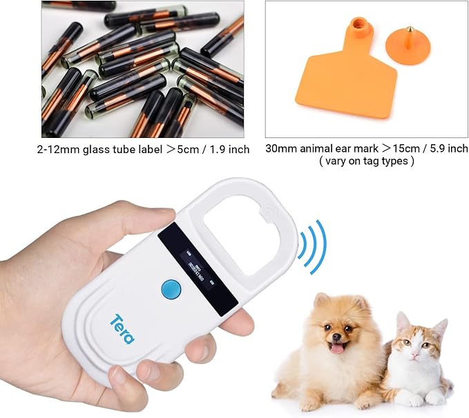 Tera Pet Microchip Reader Scanner with D-Ring RFID Portable Animal Chip ID Scanner with OLED Display Screen Rechargeable Data Storage Tag Scanner EMID FDX-B(ISO11784/85) for Dog Cat Animal Management