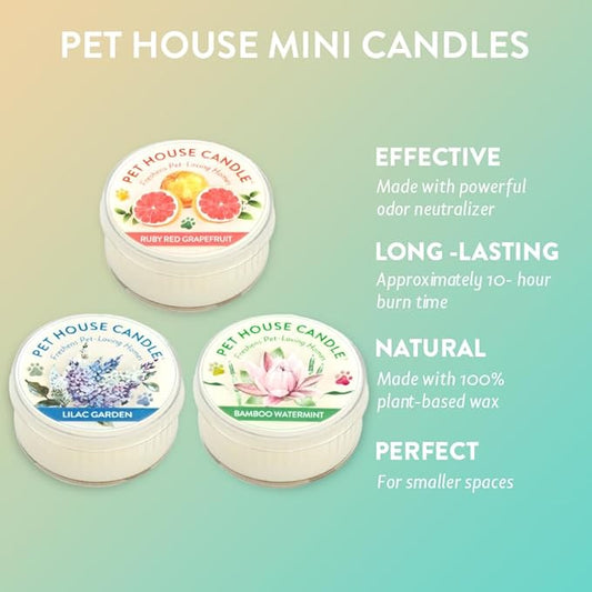 One Fur All Pet House Mini Candles for Pet Odor Made with Natural Soy Wax, Plant Based, Dog and Cat Friendly Scented Candles, Floral Variety Pack of 3