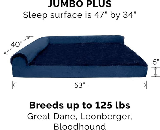 Furhaven Orthopedic Dog Bed for Large Dogs w/ Removable Bolsters & Washable Cover, For Dogs Up to 125 lbs - Plush & Velvet L Shaped Chaise - Deep Sapphire, Jumbo Plus/XXL