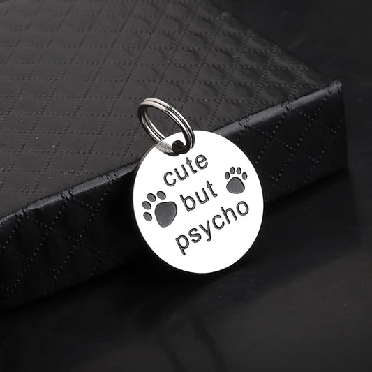 Gzrlyf Cute But Psycho Cat Tag Pet Collar Tags for Cats Funny Cat Tags for Collar Engraved Dog Tag Pet Gifts for Dogs Cats