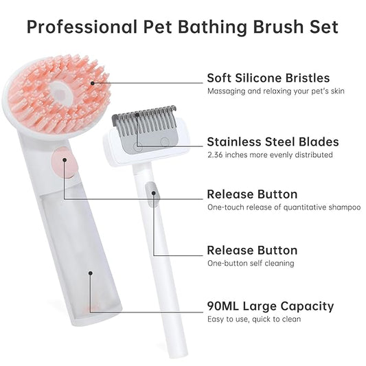 2PC Dog Bath Brush w/Soap Dispenser - Deshedding & Massage for Dogs/Cats (Pink)