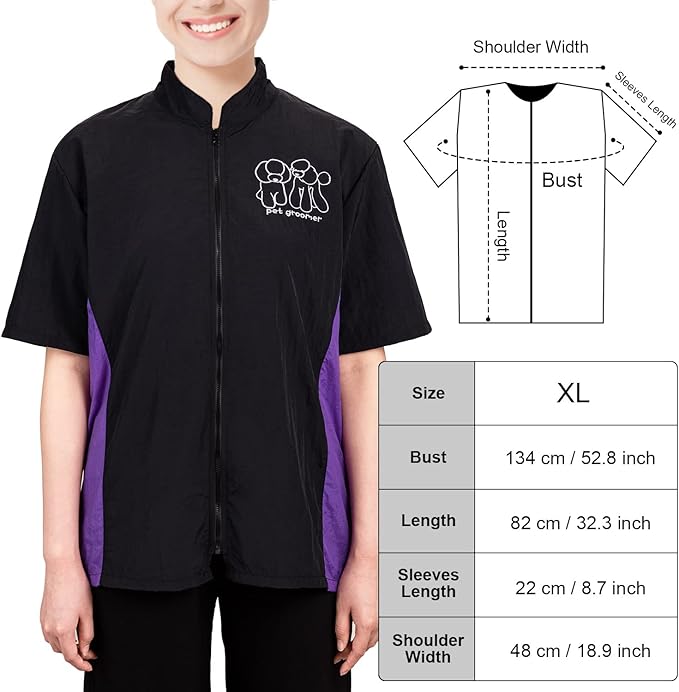 Noverlife Short Sleeves Pet Grooming Workwear With Full Zipper, XL Size, Anti-Static Beautician Smock, Lightweight Groomer Cosmetologist Uniforms Style Dog Cat Jacket for Men Women
