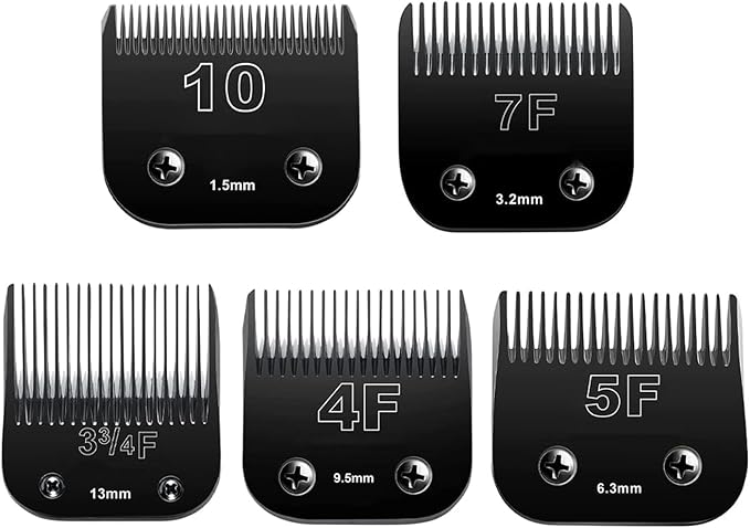 Detachable Pet Dog Grooming Clipper Blades, Size 10#,7FC,5FC,4FC,3-3/4FC, Made of Carbon-Infused Steel Blade and Stainless Steel Blade, Compatible with Most Andis,Oster A5/A6,Wahl KM Series, 5 Count.
