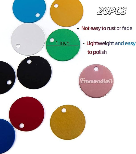 Framendino, Pet ID Tag Colorful Blank Round Double Sided Pets ID Tag Name Phone Number ID Tags Aluminum Charms