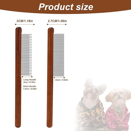 2pcs Grooming Comb for Pets, Solid Wood Cat Combs with Narrow Rounded-Tip Steel Teeth Pet Hair Comb Metal Flea Lice Comb for Cats Dogs Small & Medium Pets Tangled Hair