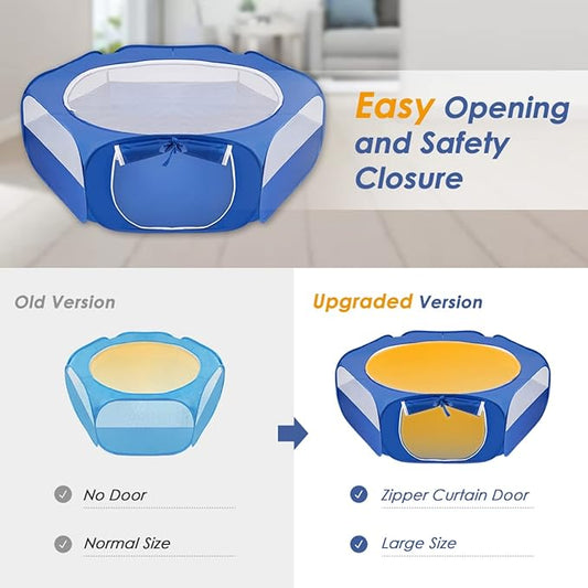 SlowTon Small Animal Playpen Portable - Durable Cat Playpen with Reinforced Mesh, Foldable Pet Playpen Exercise Play Pen with Zipper Top Cover Puppy Fence Kitten Rabbit Ferret Chinchilla (M,Blue)