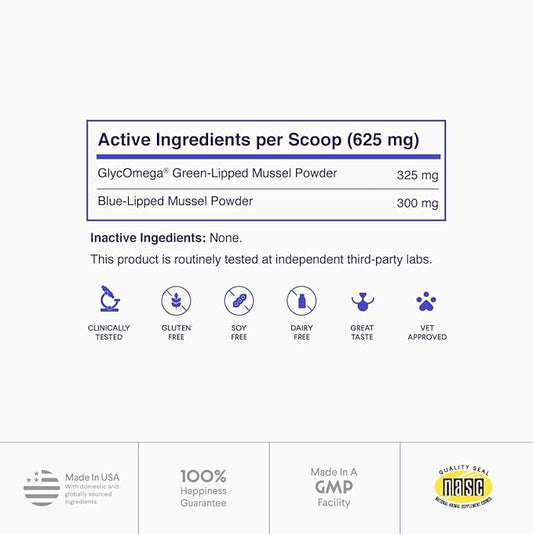 Premium Green Lipped Mussels for Dogs – Pure New Zealand Green Lipped Mussel Powder with Blue Lipped Mussels for Dogs – for Hip and Joint Flexibility, Mobility, Strength, Tendons and Muscles – 2.60oz