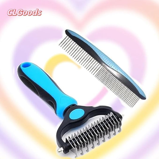 Pet Grooming Brush&Comb Combo, Pet Grooming Brush,Cat Comb Dog Comb for Shedding, 2-Piece Kit,Undercoat Comb for Dog Grooming (Blue)