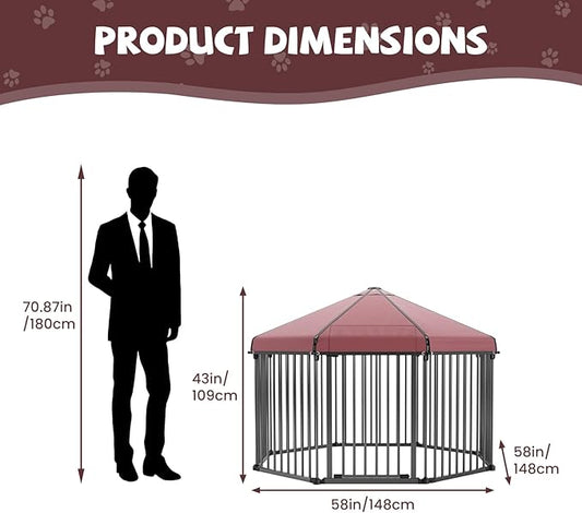 Octagon Outdoor Dog Kennel with Roof, Large Dog Kennel Outside with Metal Gate, Outdoor Dog Playpen with Secure Lock for Backyard (4.9x4.9x3.6FT)