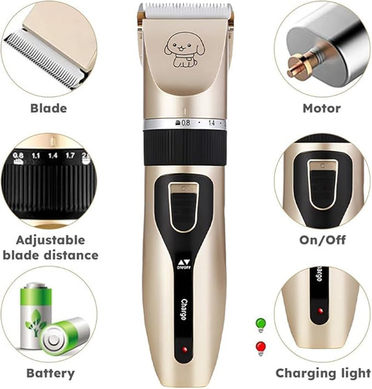 Pilarmuture Dog Grooming Clippers, Dog Hair Clipper with 4 Guard Combs, Low Noise Rechargeable Electric Cat Shaver Shears Tools for All Pets, Dog Trimmer for Grooming, Dog Shaver, Gold