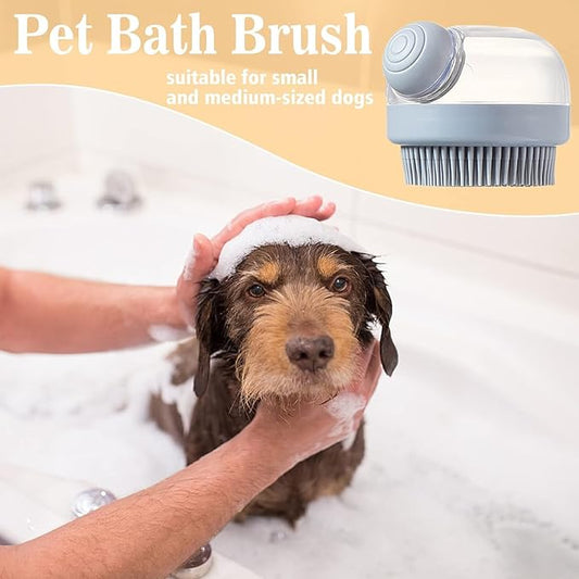 Dog Bath Brush Pet Shampoo Brush Silicone Puppy Brush Dog Shower Brush with Soap Dispenser Grooming Shower Brush (Grey)