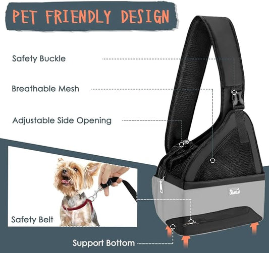 Lukovee Dog Slings for Small Dogs, Hard Bottom Support & Adjustable Soft Padded Shoudler Strap Dog Sling Carrier, Dog Purse with Button Closure & Zipper Pockets (for Short Leg Pets up to 6 lbs,Black)