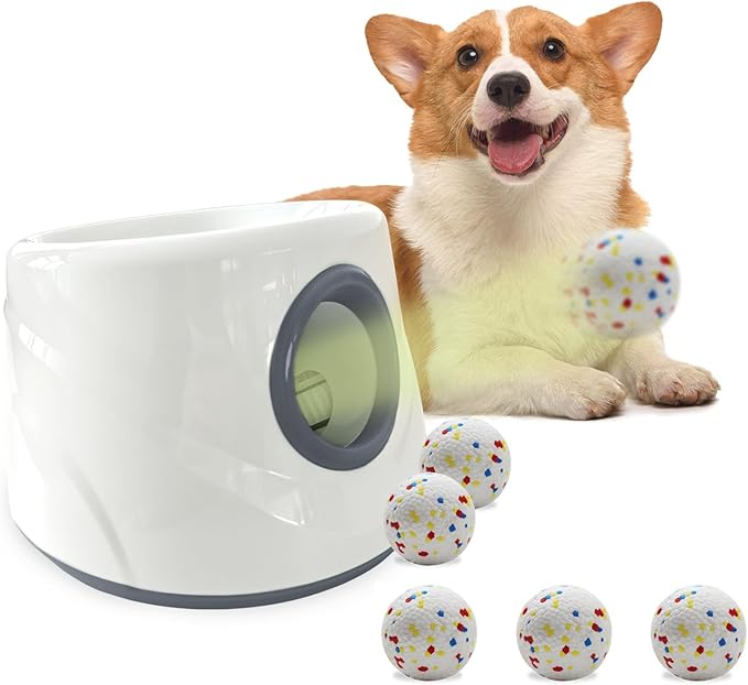 Automatic Ball Launcher for Dogs ,The Upgraded Ball Thrower Adjustable Distance 20-45ft Including 6 PCS 2.3-inch Sized Balls, Interactive Dog Toys Suitable for Small to Medium Sized Dogs