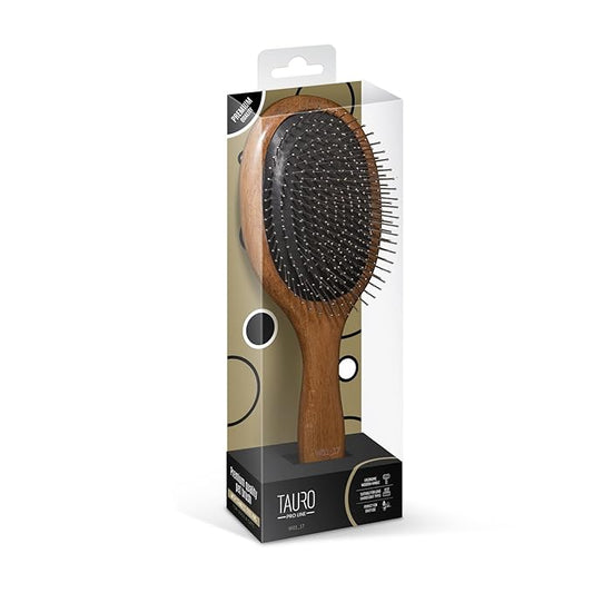 Tauro Pro Line Wooden Dog Brush for Long & Short Hair - Deshedding & Detangling Brown Massage Brush for Dog & Cat Grooming - Oblong Flexible Cushion & Lightweight, Ideal for All Coat Types