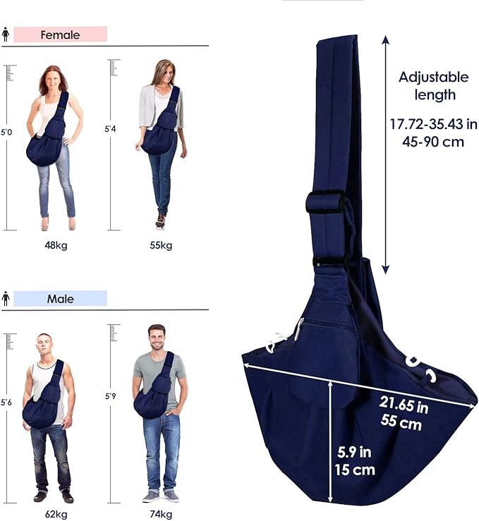 Lukovee Pet Sling, Hand Free Dog Sling Carrier Adjustable Padded Strap Tote Bag Breathable Cotton Shoulder Bag Front Pocket Safety Belt Carrying Small Dog Cat Puppy Machine Washable (DBL, M)