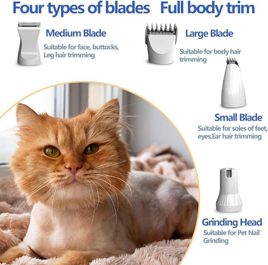 Petstyle Pro™ 4 Different Blades, 4-in-1 Cordless Motorized Trimmer Low Noise USB Rechargeable Pet Clipper for Dogs and Cats, for Trimming Hair Around Paws, Eyes, Ears, face, Buttocks, White