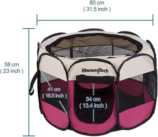 Foldable Pet Dog Playpen, Pop Up Portable Cat Playpen, Indoor/Outdoor for Kitten Puppy Play Pen, Cats Crate Tent with Carrying Bag, 600D Oxford (Rose + Beige, Medium (31.5"x31.5"x23"), 8)