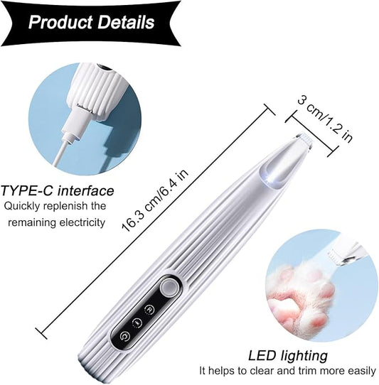Rechargeable Pet Paw Trimmer with LED Light for Small Dogs - Precision Grooming Tool for Feet, Ears, and Face Hair (White)