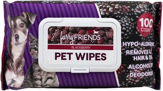 FurryFriends Pet Wipes | BlackBerry | Hypo-allergenic | Alcohol Free| Deodorizing | Removes Loose Hair & Dirt | Incredibly Clean | 100 ct. 2 Pack