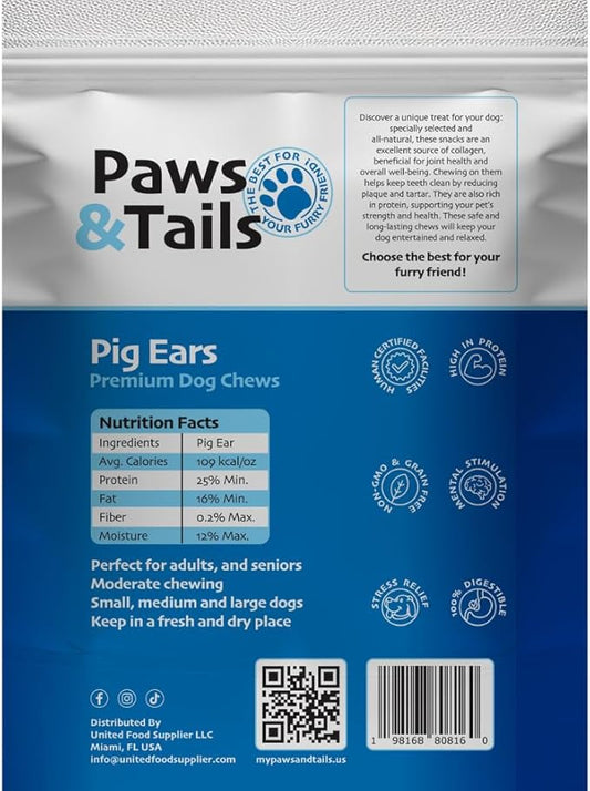 PAWS&TAILS Premium All-Natural Pig Ears for Dogs - Joint Health Support, Thick-Cut - High-Protein, Low-Fat Treats for Dental Hygiene - No Additives or Preservatives. (12, Natural Whole Pig Ears)