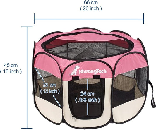 Foldable Pet Dog Playpen, Pop Up Portable Cat Playpen, Indoor/Outdoor for Kitten Puppy Play Pen, Cats Crate Cage Tent with Carrying Bag, 600D Oxford (Pink + Beige, Small (26"x26"x18"), 8)