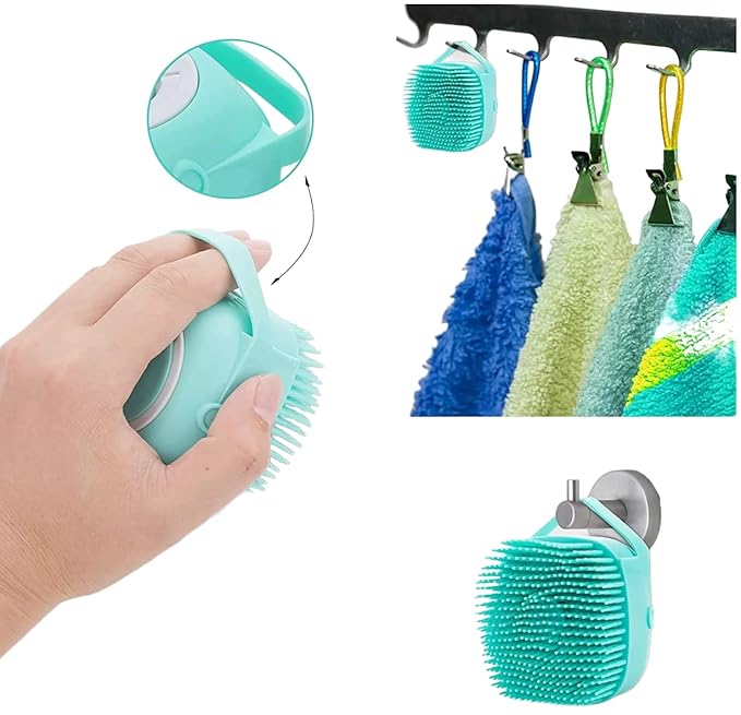 Dog Cat Bath Brush with Shampoo or Soap Dispenser, useful for Grooming, Washing and Massaging your Pet with Soft silicone Rubber Bristles
