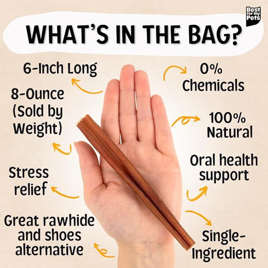 Best For My Pets Odor Free Bully Sticks, Long-Lasting Chews to Keep Puppies and Dogs Happily Busy, All-Natural Fully Digestible, 6-Inch Long, 8-Ounce Bag