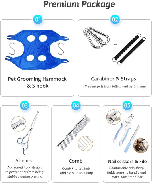 Dog Grooming Harness, Multifunctional Cats and Dogs Grooming Hammock, Pet Beauty Assistant, Nail Scissors/Nail Trimmer/Round Head Scissors (Medium, blue)