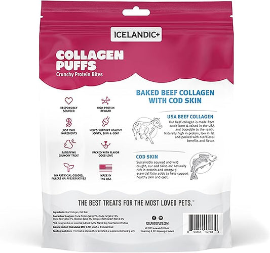 Icelandic+ Collagen Puffs: Baked Beef Collagen with Cod Skin 2.5oz - Treats for Med-Lg Dogs, Crunchy Protein Bites