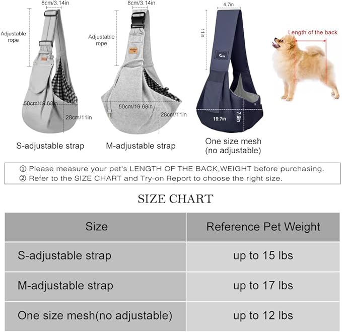 CUBY Dog and Cat Sling Carrier, Hands Free Reversible Pet Papoose Bag, Soft Pouch Adjustable, Suitable for Puppy Cats for Outdoor Travel (Grey Classic, S-Adjustable Strap)