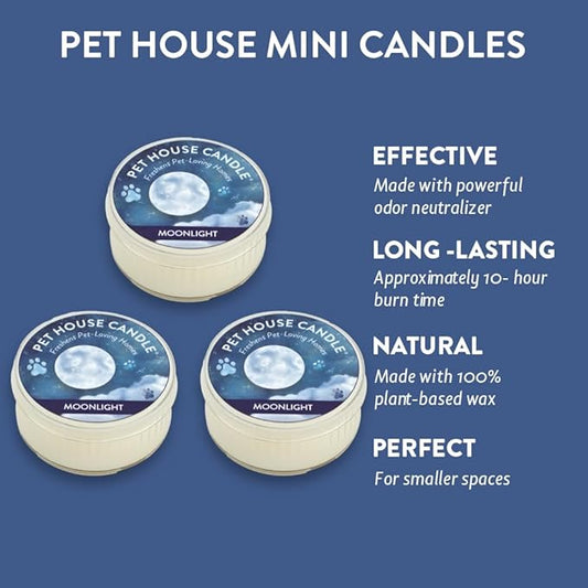 One Fur All Pet House Mini Candles for Pet Odor Made with Natural Soy Wax, Plant Based, Dog and Cat Friendly Scented Candles, Moonlight Pack of 3