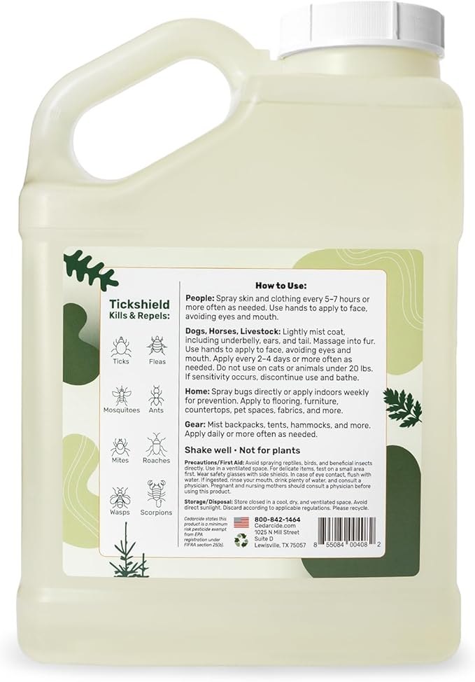 Cedarcide Extra Strength Tickshield | Deep Woods Cedar Oil Tick & Mosquito Repellent Spray for People, Pets, & Indoors | Kills & Repels Fleas, Ticks, Ants, Mites & Mosquitoes | Gallon