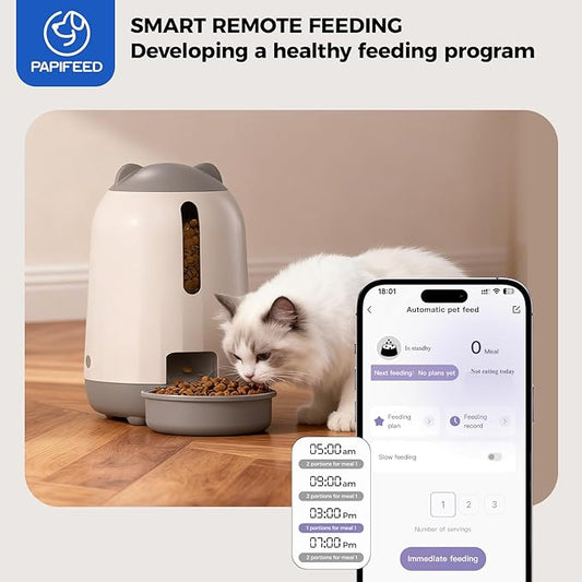 PAPIFEED Automatic Cat Feeder, 2.4G WiFi Auto Cat Food Dispenser with App Control, 3L Auto Pet Feeder with Dual Power Supply, Detachable for Easy Clean for Cats and Small Dogs, Grey