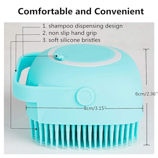 Portable Dog Bath Brush - Pet Massage Brush Shampoo Dispenser Soft Silicone Brush Rubber Bristle for Dogs and Cats Shower Grooming (Blue)