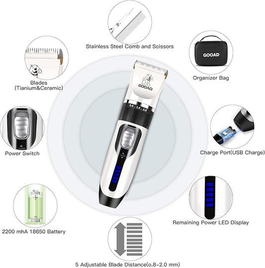 Dog Clippers Grooming Kit and Paw Trimmer,Cordless,Low Noise, Electric Quiet,Rechargeable, Dog Trimmer Grooming, Pet Hair Clippers for Thick Coats,Shaver for Small and Large Dogs Cats
