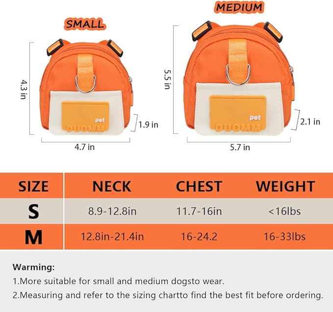 Dog Backpack Harness with Leash,Cute Pet Puppy Backpacks Bulid-in Dog Poop Bag Dispenser,Adjustable Pets Self Carrier Bag for Small Medium Dogs Travel Hiking Daily Walking(S, Orange)