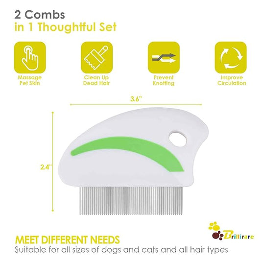 2 Pack Flea Lice Comb, Stainless Steel Dog Cat Grooming Combs with Rounded Teeth, Professional Pet Tear Stain Remover, Dematting Tool for Small, Medium & Large Pets