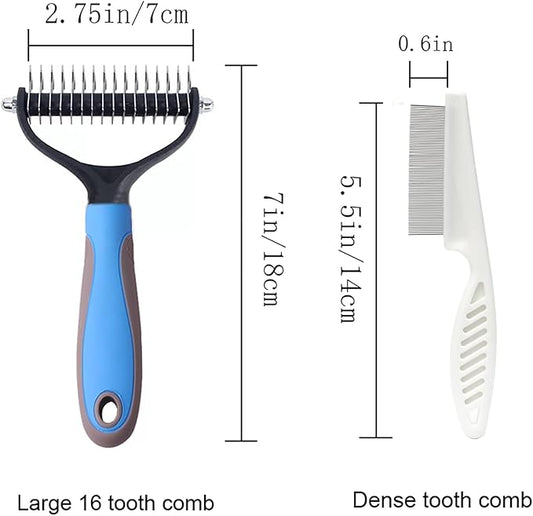 Double Sided Undercoat Rake Comb - Pet Grooming Tool for Dog and Cat Shedding and Dematting, Flea Comb Set (Blue/16 tooth)