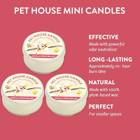 One Fur All Pet House Mini Candles for Pet Odor Made with Natural Soy Wax, Plant Based, Dog and Cat Friendly Scented Candles, Vanilla Creme Brulee Pack of 3