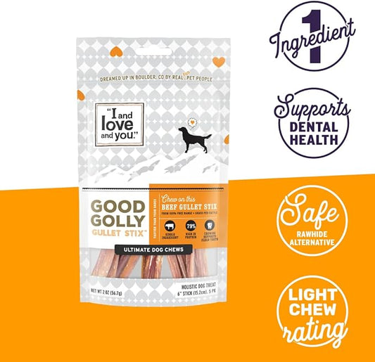 I and love and you Good Golly Gullet Stix - Beef - Rawhide Alternative, Single Ingredient, Free Range Grass Fed Beef, 6in, 5ct