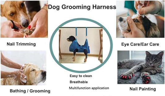 Dog Grooming Hammock with Flea Comb and Dog Nail Clipper, Pet Dog Grooming Hammock Harness with Cat Nail Clipper, Nail File and Dog Brush, Dog Sling for Nail Clipping/Nail Trimming (S, Blue)