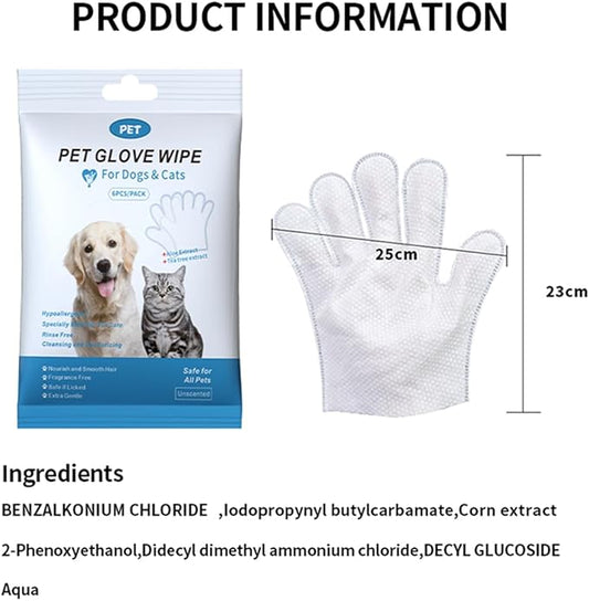 Coldcool 6 PCS Pet Bathing Wipes for Dogs and Cats, Cleaning, Deodorizing Grooming Gloves, Wipes Gloves for Dog and Cat Fur Face, Ear, Eye, Paws Cleaning Wipes Pet Wash Free Gloves