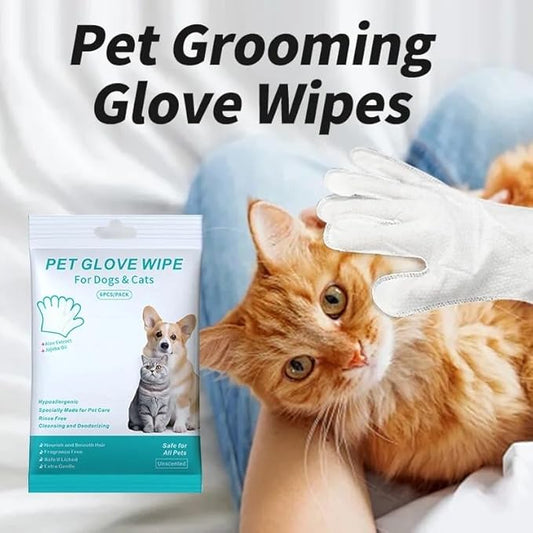 Pet Glove Wipes for Dogs & Cats, Pack of 6, Aloe Extract, Jojoba Oil, Rinse Free, Cleansing and Deodorizing