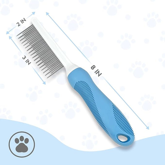 Detangling Pet Comb for Dog & Cat, Grooming Comb with Long & Short Stainless Steel Teeth, Safely Remove Knots & Tangles for Healthy Shiny Coat, Gentle Effective Detangling Tool for Pet Hair (Blue)