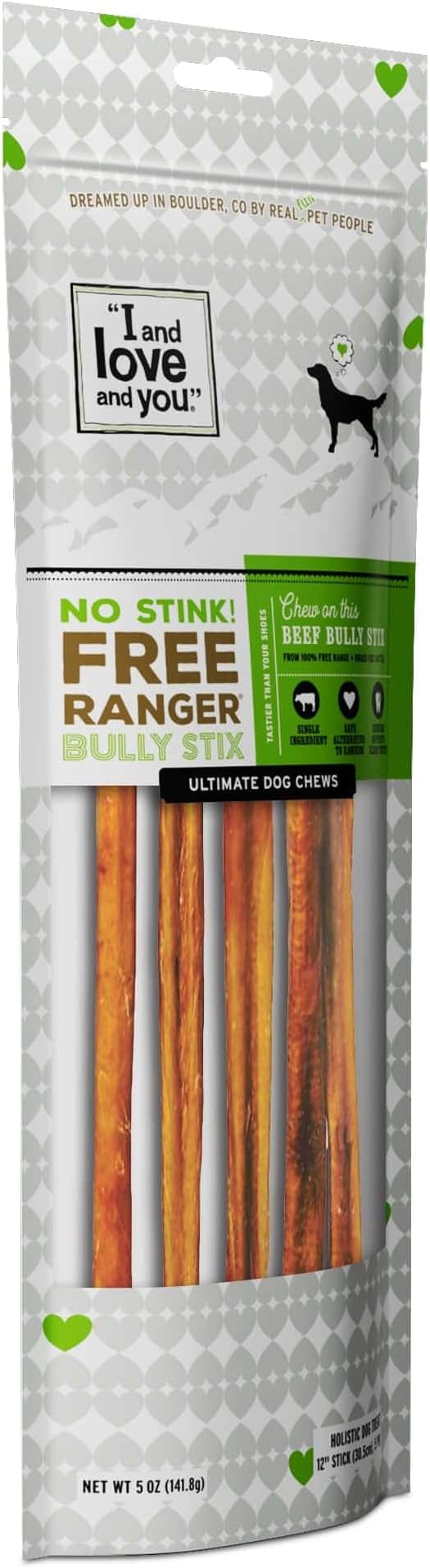 I and love and you No Stink Free Ranger Bully Stix - Beef - Rawhide Alternative, Single Ingredient, Free Range Grass Fed Beef, 12in, 5ct