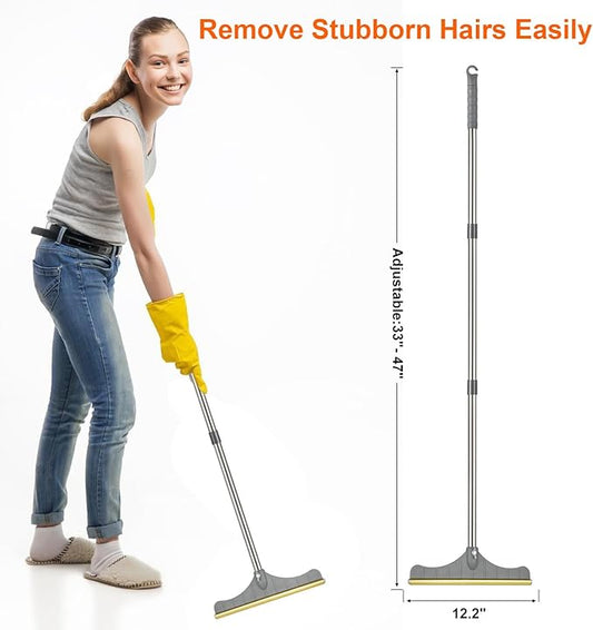 Stainless Steel Carpet Rake for Pet Hair Removal, Reusable Cat Dog Hair Remover with 47’’ Adjustable Long Handle Advanced Lint Remover Scraper for Carpets, Rugs, Mats, Furniture (Grey)